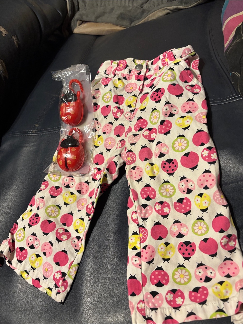 Gymboree Pink Ladybug Print Casual Pants with new ladybug barrettes